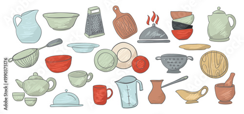 kitchenware cooking tools for culinary and Kitchen essentials stuff cookware utensil hand drawn illustration Culinary equipment Food preparation instruments. Chef gadgets Vintage