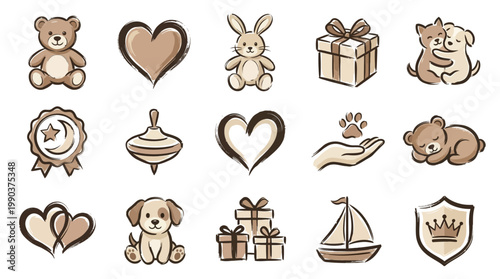A collection of charming hand-drawn icons featuring teddy bears, hearts, gifts, animals, and other cute elements in a sepia tone.