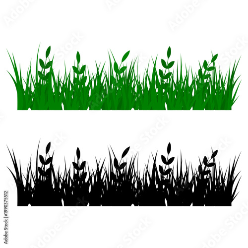 Green grass and plant silhouette set on transparent background. Minimalist nature vector graphics for garden illustrations, environmental infographics, landscape borders