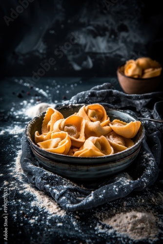 Fresh uncooked tortellini pasta dusted with flour on a dark rustic surface
