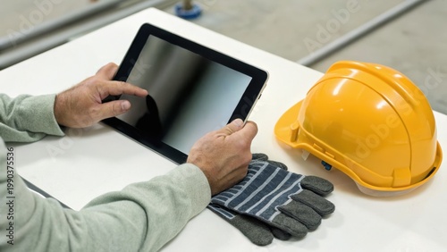 A person using a tablet on a white table next to safety gloves and a yellow construction helmet, suggesting a work or industrial setting.