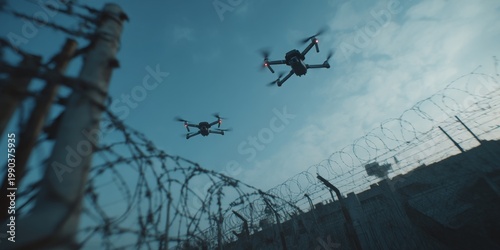 Aerial Drones Flying Over Barbed Wire Fence in Urban Environment with Dramatic Sky and Security Context
