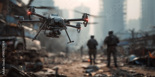 Drone Surveillance over Urban Ruins with Soldiers in Military Gear Engaged in Search and Rescue Operations Amidst Destruction and Debris
