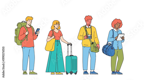Group of young travelers with backpacks, suitcases, and gadgets