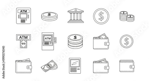 Financial Icons Collection Representing Money and Banking Services.