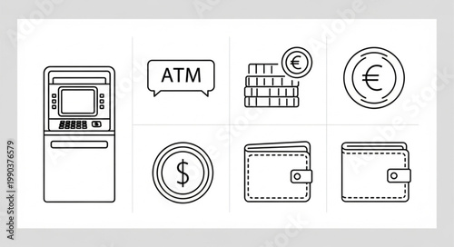 Financial Icons Set Including ATM Machine Wallet Coins and Currency Symbols.