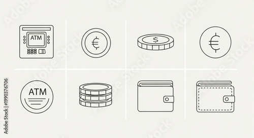 Financial Icons Representing Money and Transactions.