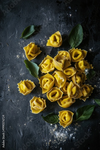Fresh uncooked tortellini pasta on a dark minimalist background