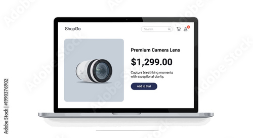 Laptop screen with ShopGo website premium camera lens product page isolated on white background
