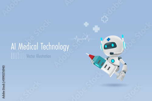 AI robot holding medical syringe for injection. Artificial intelligence innovation technology for diagnosis, surgery and treatment. Medical technology.