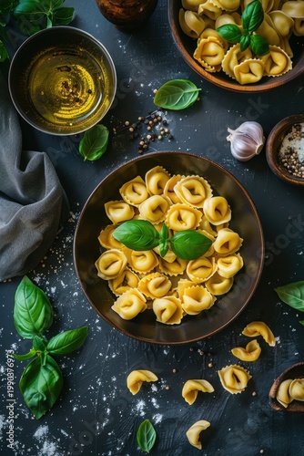 Fresh uncooked tortellini pasta on a dark minimalist background