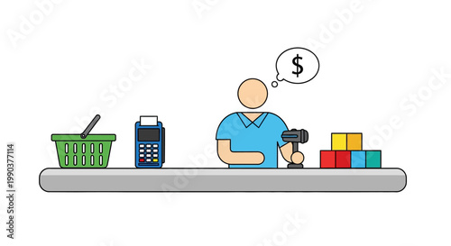 Vector illustration of a shopkeeper at the checkout counter with a barcode scanner and shopping basket on isolated white background