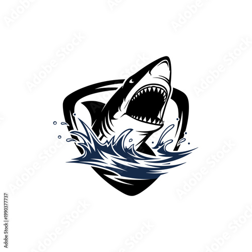 Stylized shark jumping from water with open mouth inside a shield emblem