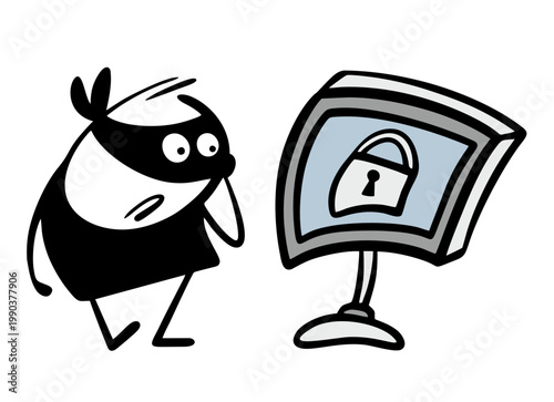 Cyber security concept. Vector illustration a digital fraudster cannot open a lock online, pick up a key or password to a website. Сriminal in a black mask on the Internet.