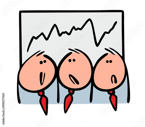 Group of people monitors the situation on the financial market. Stock chart. Vector illustration of businessmen and a graph of decline and growth leads to the success of the company.
