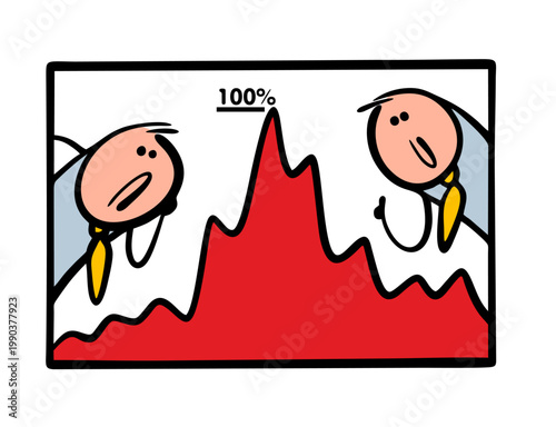Two businessmen are studying a chart of rising and falling prices.  Vector illustration of financial analysts on the securities market and a graph. Stock chart.
