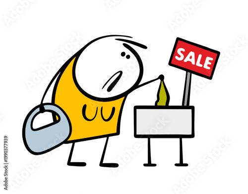 Discounts and holiday sale in the store. A disappointed cartoon woman looks sadly into a box of clothes.  Vector illustration of a girl who was late, an unsuccessful customer, an empty store.
