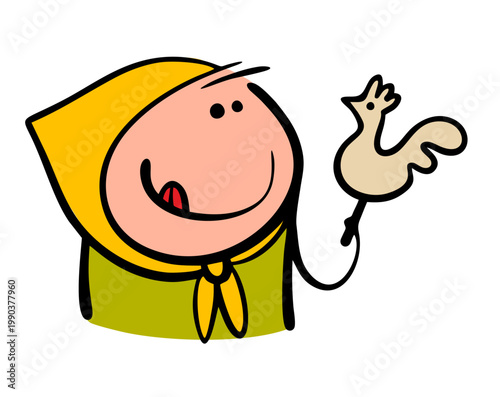 Cartoon traditional souvenir, a treat for a Russian holiday with pancakes. Maslenitsa. Vector illustration of a girl in a headscarf holding a lollipop cockerel on a stick and licking her lips.
