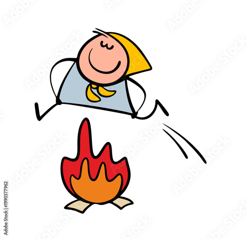 Traditional entertainment for a Russian holiday. Merry Carnival. Vector illustration of a girl in a folk dress jumping over a flame. A big bonfire and a brave woman.

