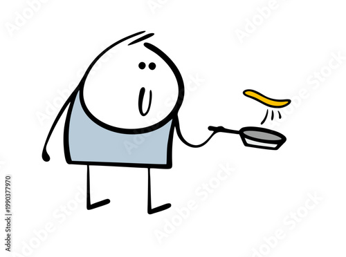 Maslenitsa. A man in a frying pan bakes and throws a pancake. Vector illustration of traditional food for a spring holiday, we spend the winter deliciously.
