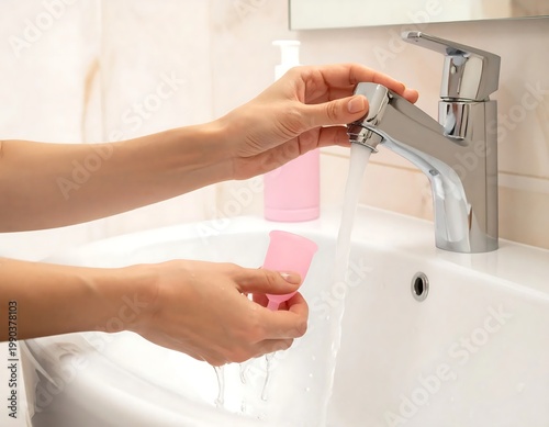 Woman Washing Pink Silicone Menstrual Cup Under Running Water From Bathroom Faucet Over White Sink Sustainable Feminine Hygiene Product Zero Waste