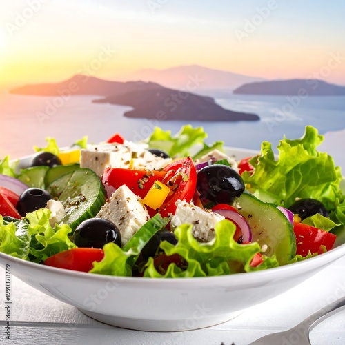 A vibrant salad, with tomatoes, olives, cucumbers, feta cheese, and lettuce in a white bowl, rests on a table with a scenic vista
