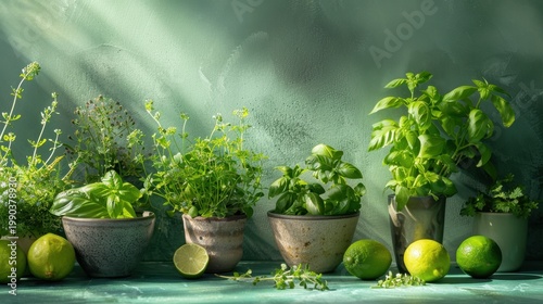 Fresh citrus and botanical still life in a sunlit lime green studio