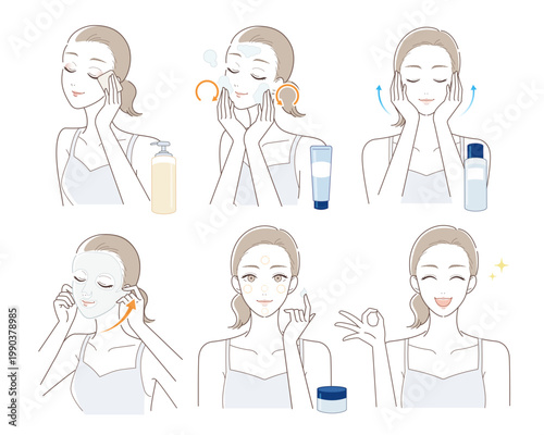 シンプルなスキンケアの手順イラストセット（クレンジング・洗顔・化粧水・パック・保湿・美肌）