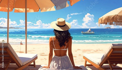Woman Wearing A Straw Hat And White Bikini Sitting On A Sun Lounger At A Tropical Beach With Turquoise Water And Blue Illustration