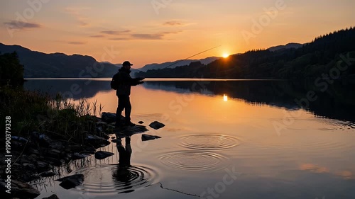 Fisherman Silhouette Casting Line in Lake at Sunset