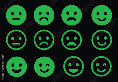 Emoticons icons set. Emoji faces collection. Emojis flat style. Happy happy, smile, neutral, sad and angry emoji. Line smiley face - stock vector