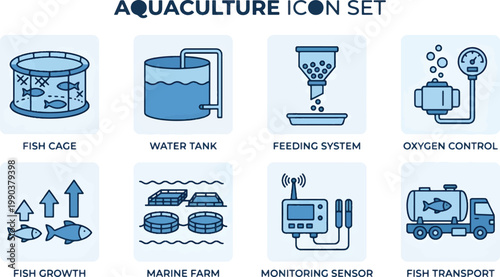 Aquaculture icon set featuring fish cage, water tank, feeding system, oxygen control, marine farm, monitoring sensor, and fish transport representing modern fish farming industry.
