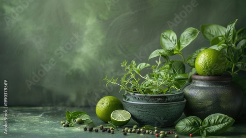 Fresh citrus and botanical still life in a sunlit lime green studio