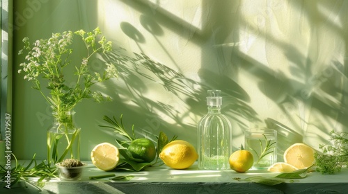 Fresh citrus and botanical still life in a sunlit lime green studio