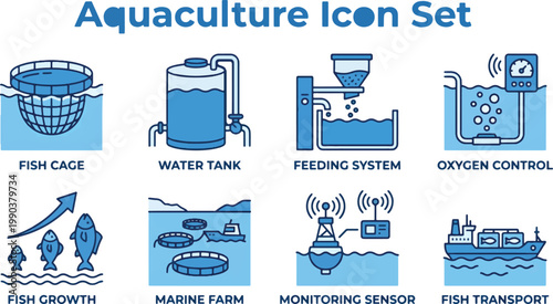 Aquaculture icon set featuring fish cage, water tank, feeding system, oxygen control, marine farm, monitoring sensor, and fish transport representing modern fish farming industry.
