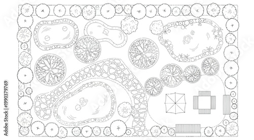 Top view of a garden design with a stone path, ponds, trees, and a seating area