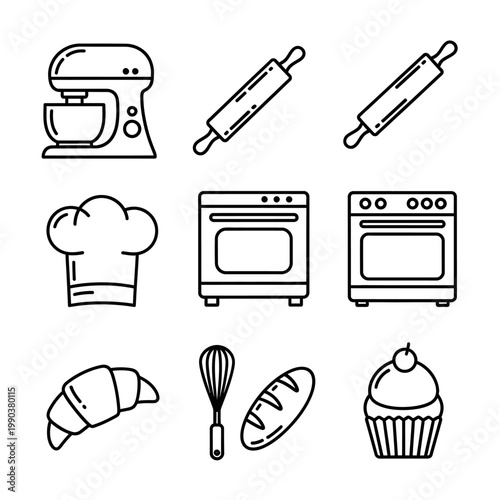 Bakery and kitchen utensils illustration mixer rolling pin oven and food