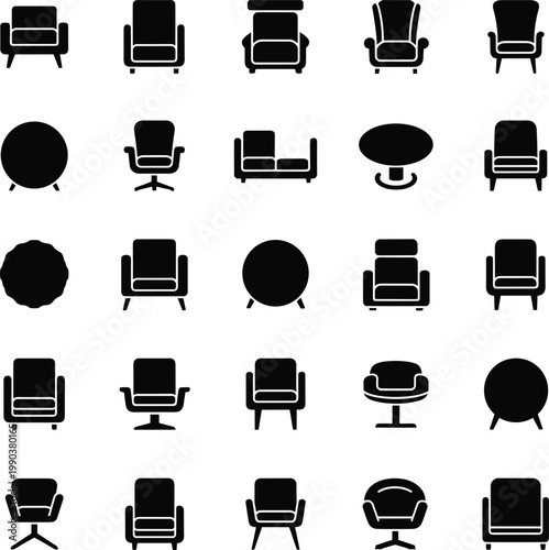 Collection of black silhouette icons of furniture including armchairs, lounge chairs, sofas, and tables arranged in grid pattern for design reference