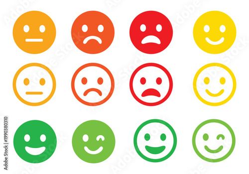 Emoticons icons set. Emoji faces collection. Emojis flat style. Happy happy, smile, neutral, sad and angry emoji. Line smiley face - stock vector