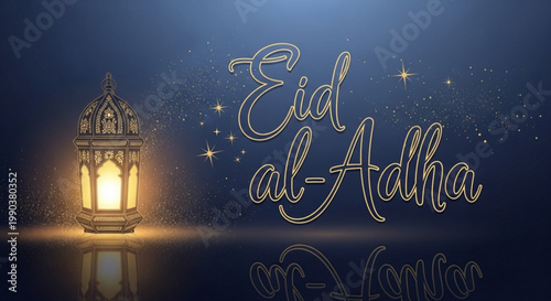 Eid al-Adha greeting with glowing lantern and starry night sky Islamic festival celebration background elegant design for holiday wishe