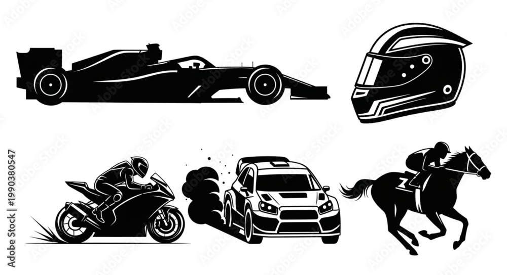 Fototapeta premium Collection of racing vehicles and rider equipment silhouettes.
