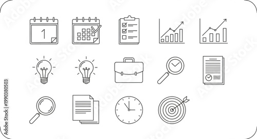 Business Icons Set With Calendar Clipboard Graph Lightbulb Magnifying Glass Clock Target.