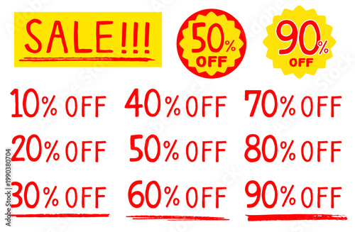 手書きの割引率OFFラベル素材セット。10%〜90%OFFのセールシール。白背景。