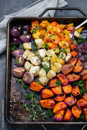 Roasted autumn vegetables with carrots beets and sweet potatoes on a dark tray