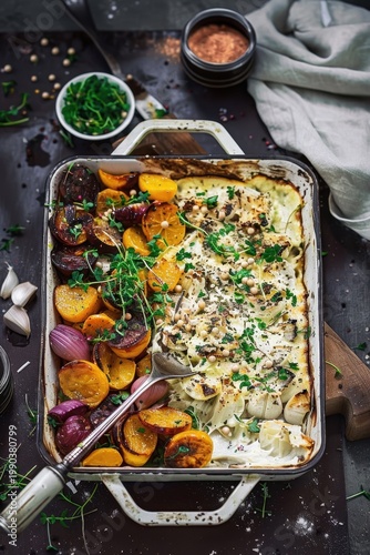 Roasted autumn vegetables with carrots beets and sweet potatoes on a dark tray
