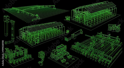 AutoCAD Solar Agriculture Farmhouse and Tractor Blueprint Vector – Renewable Farming Energy System Diagram Green Outline on Black Background
