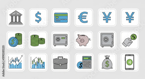 Financial Icons Set Representing Money and Business.
