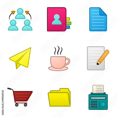 Teamwork and Office Supplies Icon Set Vector Illustration
