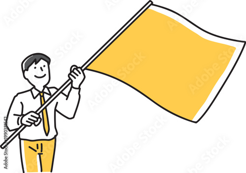 大きな旗を持って見せる男性社員