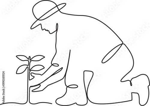 Man planting a tree minimalist line art, sustainability and nature conservation concept. 